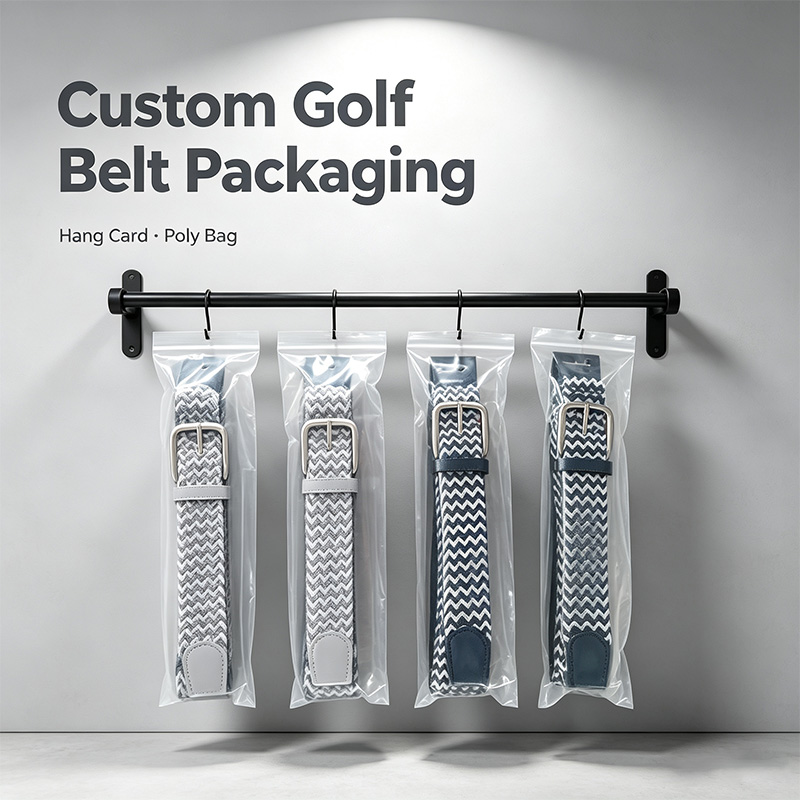 Custom Golf Belt Packaging: Hang Cards & Resealable Polybags